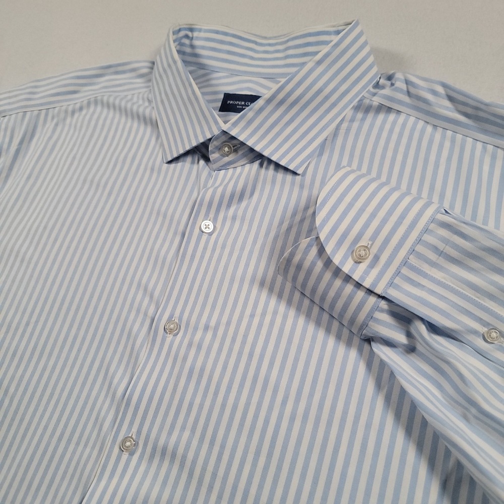 Proper Cloth Non-Iron Shirt Mens 20 36.5 Blue White Stripe Cotton Stretch